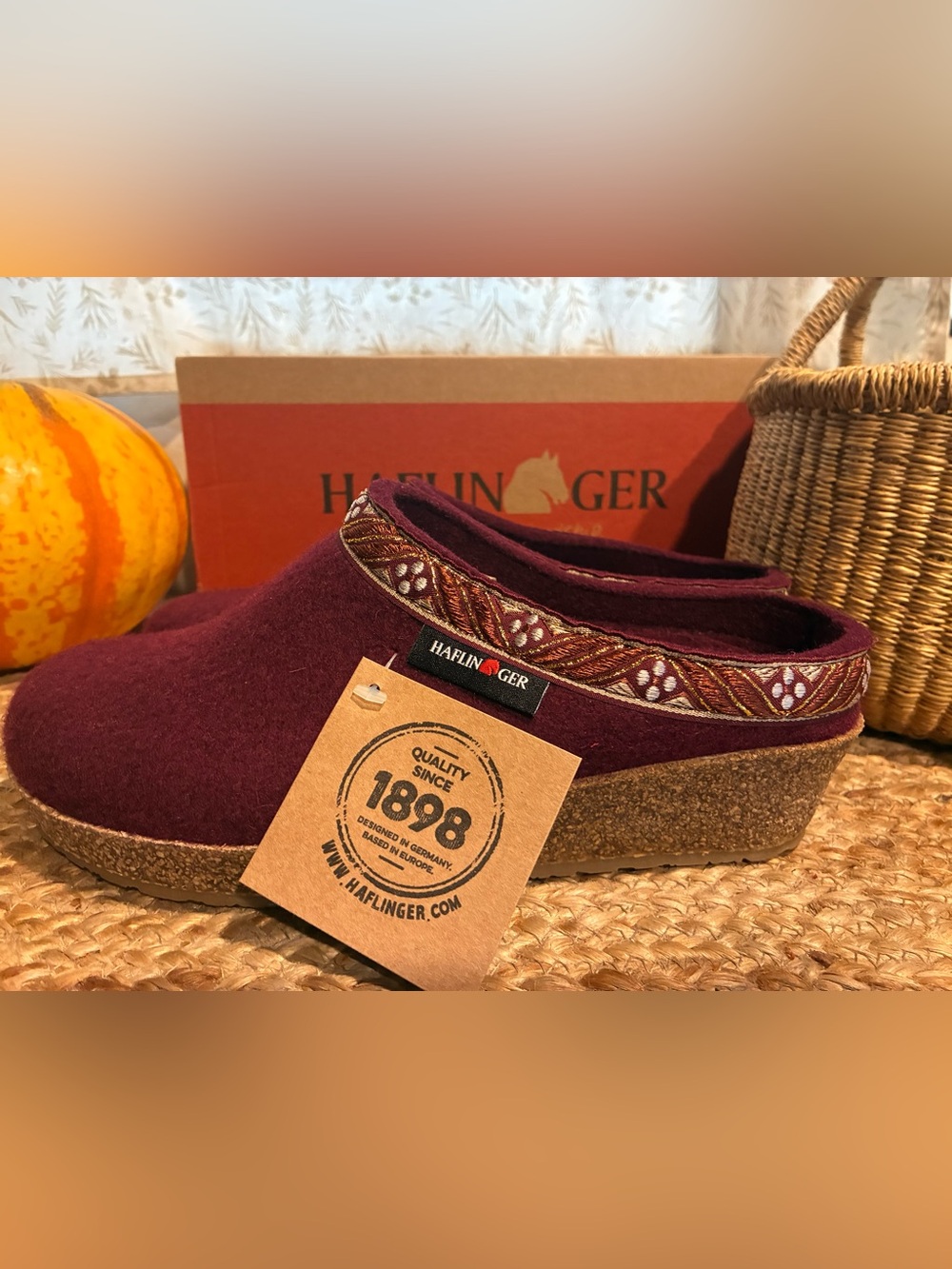 Haflinger Women's Berry Wool Slip-On Clog with Decorative Trim